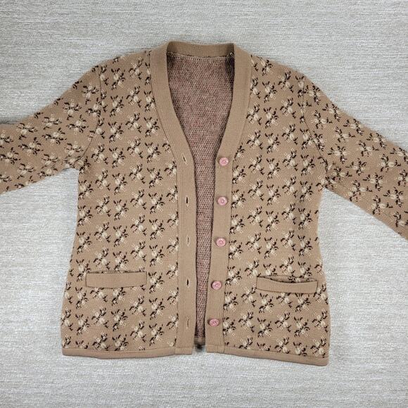 Vintage Floral Thick Knit Cardigan Womens L Mauve Tan Button Front Sweater - Picture 15 of 16
